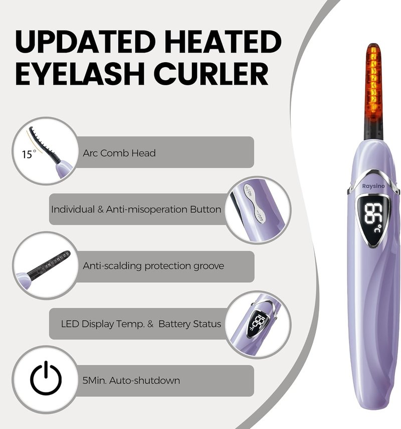 Heated Eyelash Curler - Rechargeable 8-Second Curling Tool for Long-Lasting Natural Makeup | Lilac/Silver, 148MM