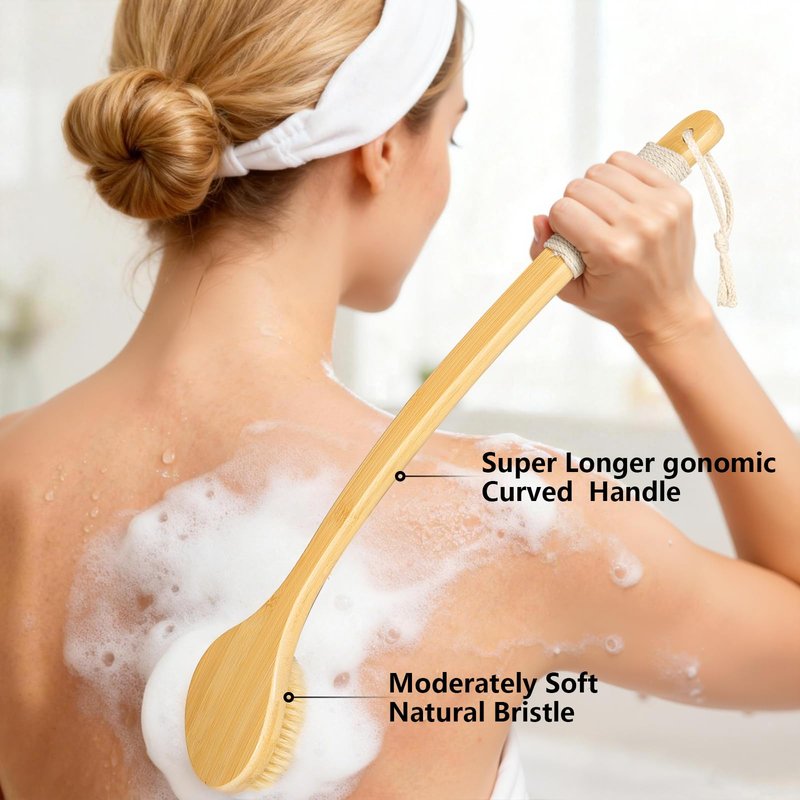 Back Scrubber Brush for Shower, 22" Curved Long Bamboo Handle Shower Brush, Antiskid Body Bath Brushes for Back Dry/Wet Brushing, Moderately Soft Natural Bristle Body Brush for Showering (Beige)