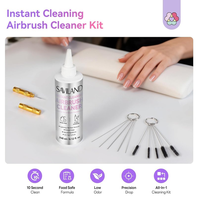 SAVILAND Airbrush Cleaner Kit - 240ml Low Odor, Acetone-Free Solution with Cleaning Brush & Nozzle Reamer for Nail Art