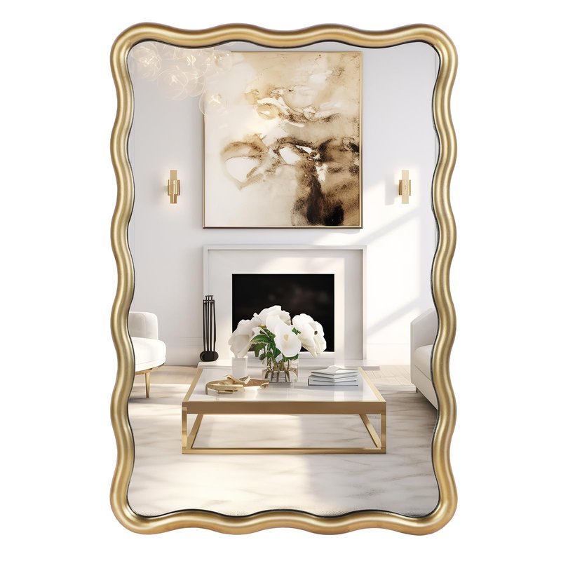 20''x30'' Rectangular Wavy Wall Mirror - Modern Decorative Bathroom Mirror with Scalloped for Modern Farmhouse Vanity, Living Room, Entryway, or Hallway (Gold)