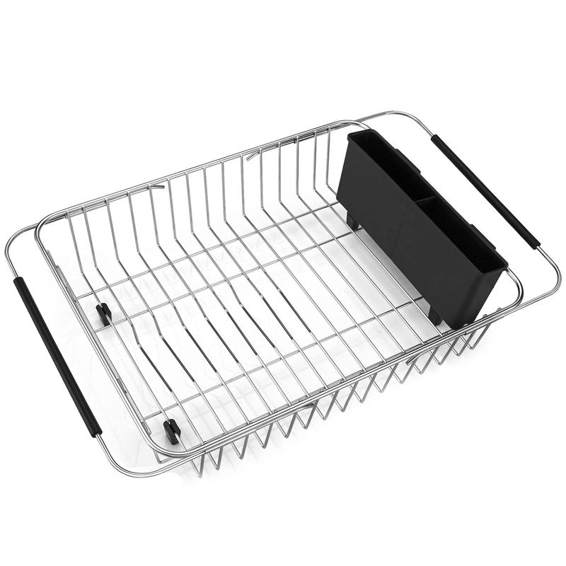 iPEGTOP Expandable Dish Drying Rack, Over The Sink Dish Rack, in Sink Or On Counter Dish Drainer with Black Utensil Holder Cutlery Tray, Rustproof Stainless Steel for Kitchen
