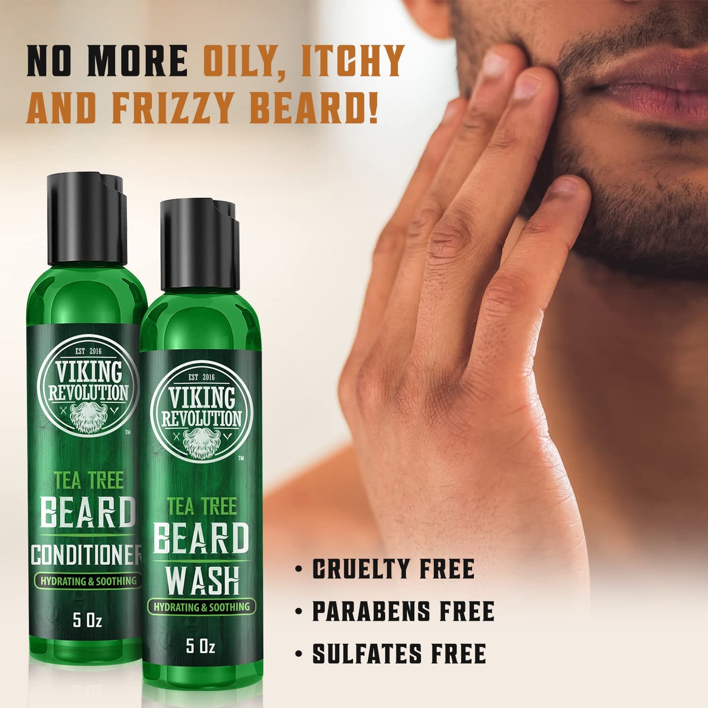 Viking Revolution Tea Tree Beard Wash and Conditioner Set for Men - Natural Beard Softener with Argan Oil, Vitamin E and Ginseng (5 Oz)
