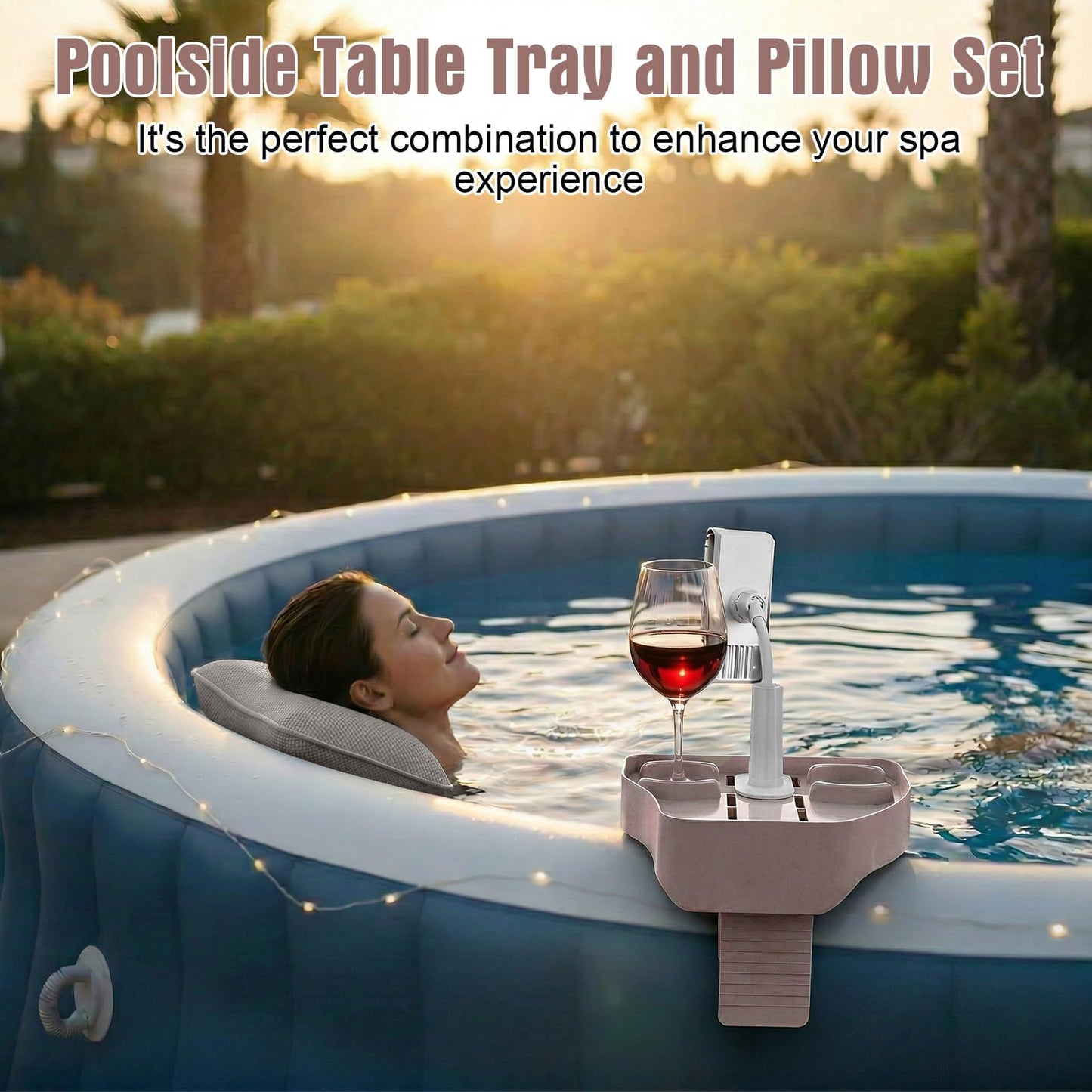 Lewtemi 2 Pcs Hot Tub Table Tray with Adjustable Phone Holder and 2 Cup Holders Bath Pillow Spa Headrest Pillow with Suction Cup Hot Tub Accessories for Outdoor Inflatable Pool