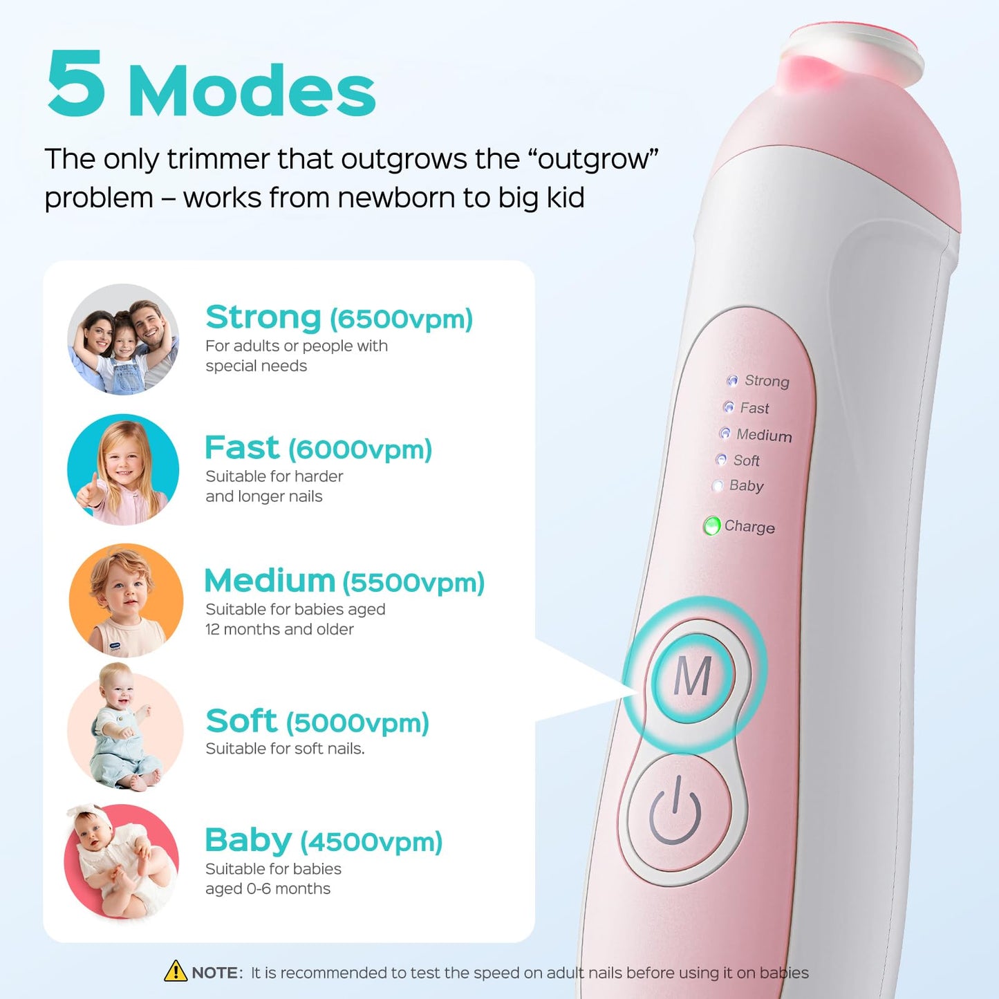 COSLUS C52 Rechargeable Baby Nail File: Cordless Baby Nail Trimmer Electric with 5 Speeds & 6 Grinding Heads for Baby Kid, CPC Certified and Quiet Design - Safe for Sleep Trim Buffer, Pink