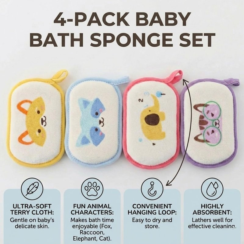 4Pcs Baby Bath Sponge, Cartoon Bath Loofah Sponge Absorbent Shower Sponges Soft for Women