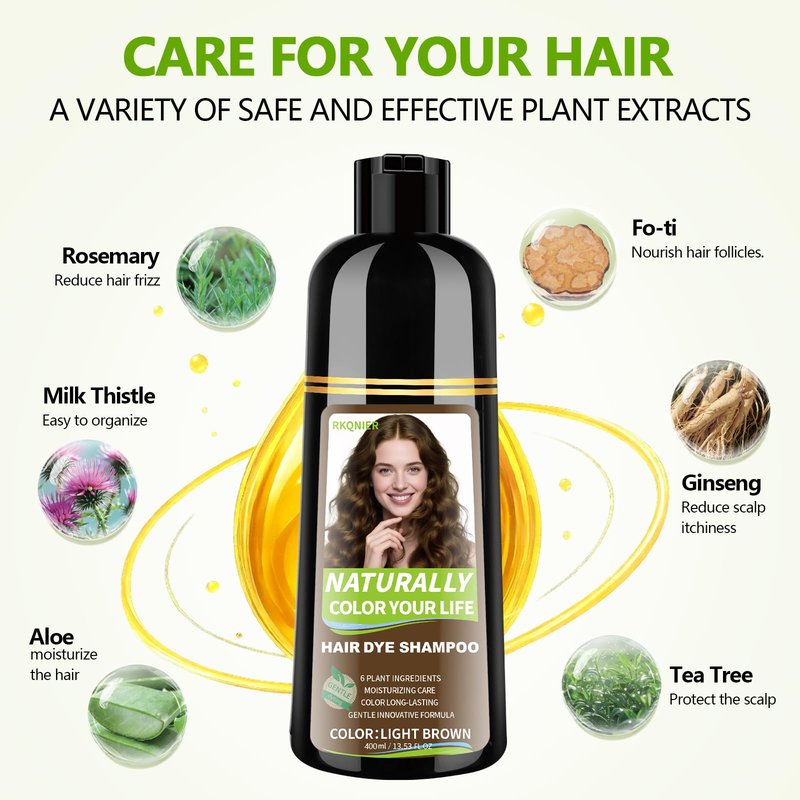 RKQNIER Light Brown Hair Dye Shampoo for Women & Men, 20 Min Gray Coverage, 3 in 1 Semi-Permanent Hair Color Shampoo with Natural Herbal Ingredients