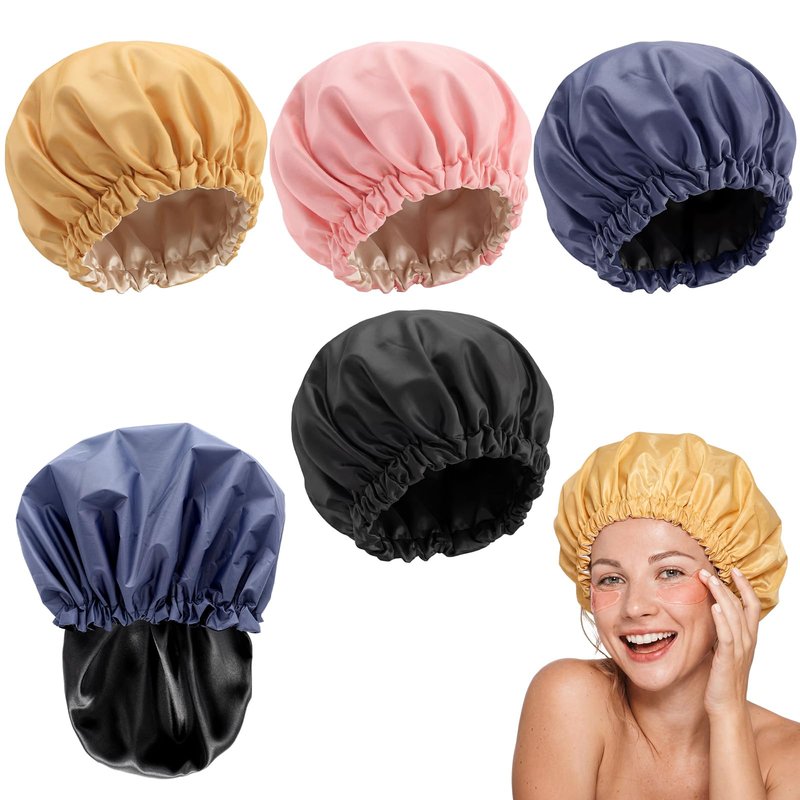 Janmercy 4 Pcs Shower Cap Satin Lined for Hair Protection Waterproof Reusable for Women Long Hair Bath Caps with Satin Interior