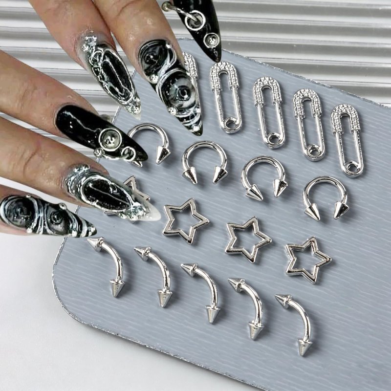 Skiennix 3D Punk Nail Art Charms - 12 Grids of Silver Alloy Rivets & Rhinestones for DIY Acrylic Nails