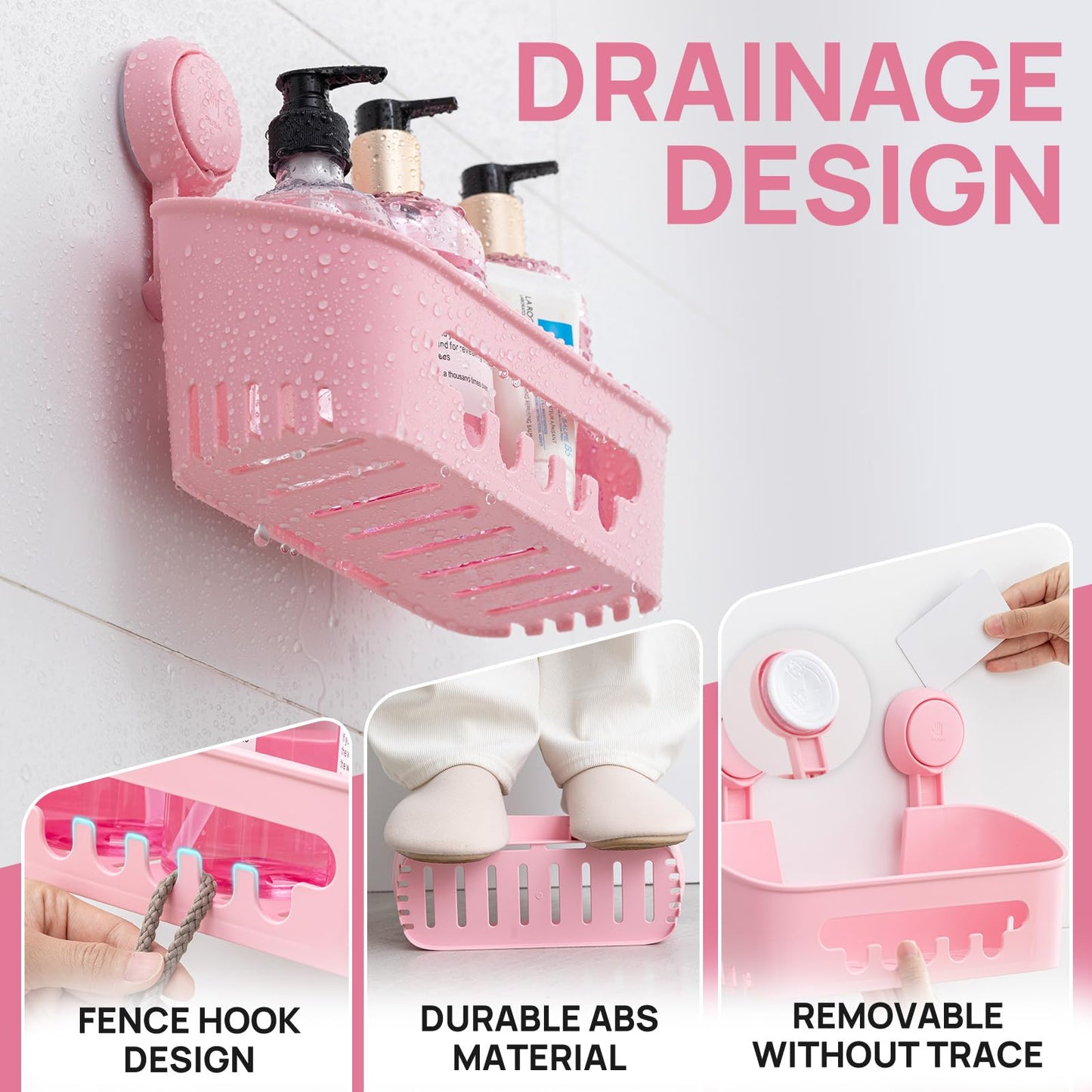 LEVERLOC Shower Caddy Suction Cup 2 Pack, Shower Organizer Removable Bathroom Shelf, Storage for Inside Shower Powerful Suction Max Hold 22lbs Waterproof Holder, Pink