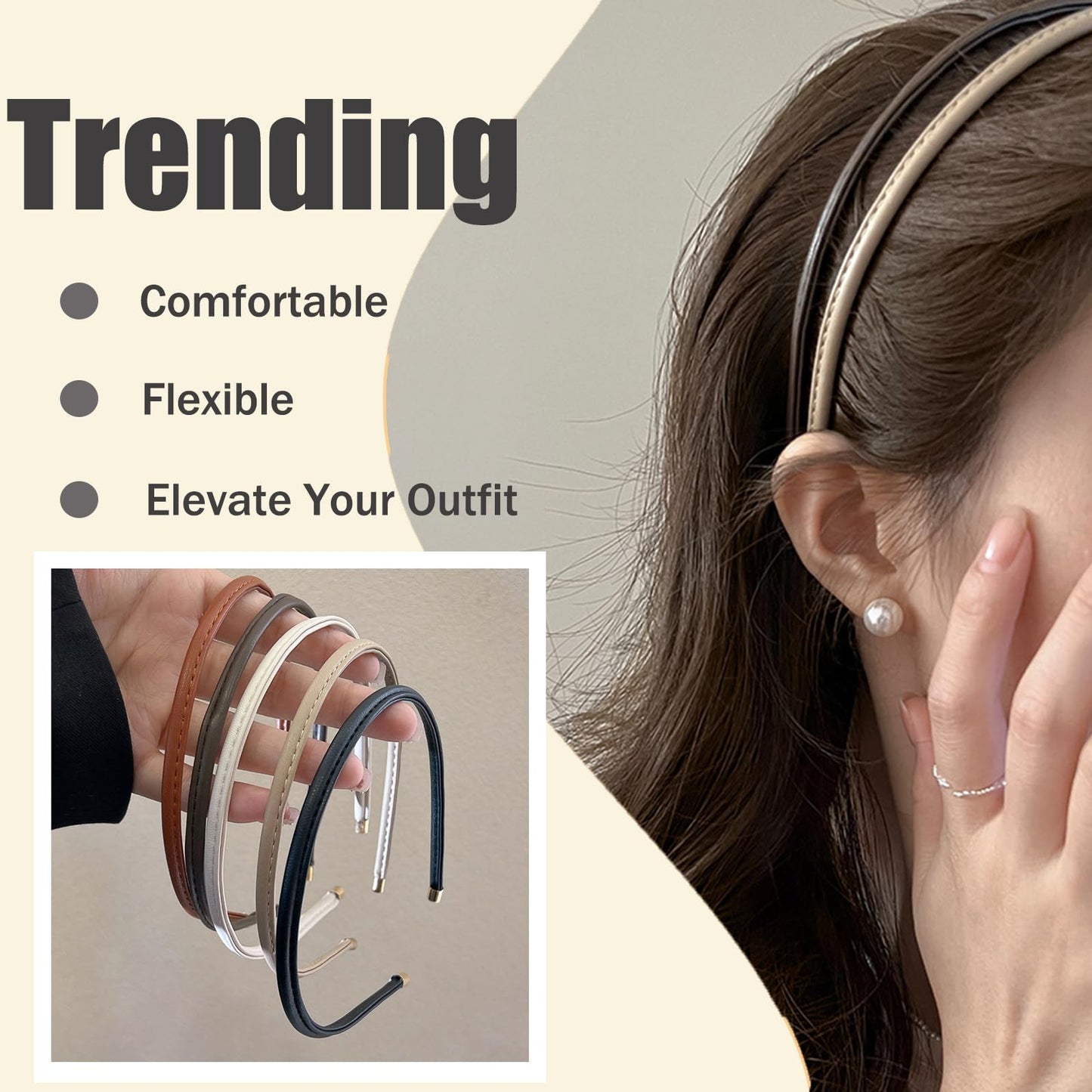 Thin Headband Skinny Leather Headbands for Women, Trendy Comfortable No Headache Headband Non-Slip Hair Accessories for Women Girls 5Pcs (Beige/Brown/Black/White/Tan)