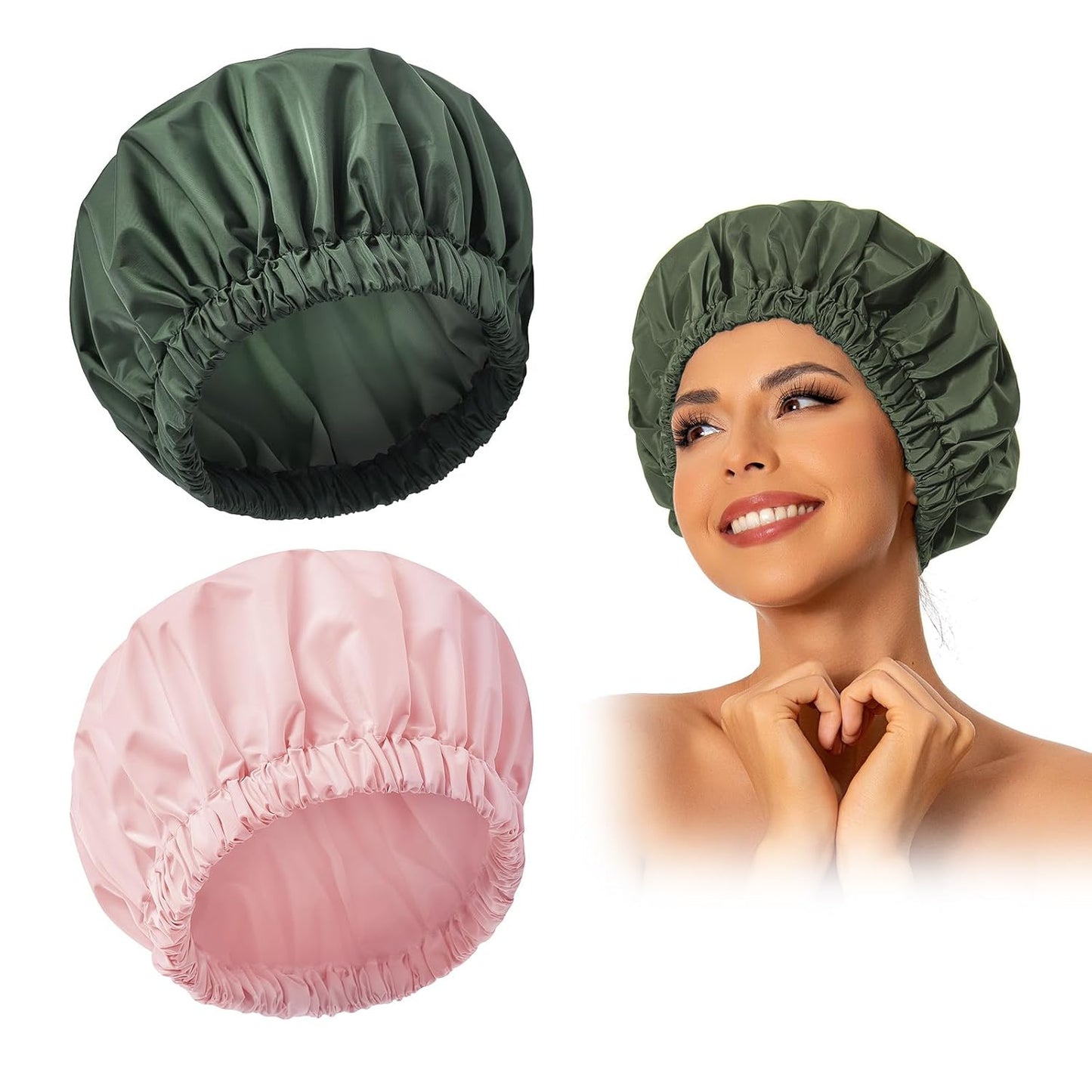 Skiennix Reusable Shower Cap - Large Waterproof Hair Bonnet with Elastic Band for Long, Curly Hair | Pink & Green