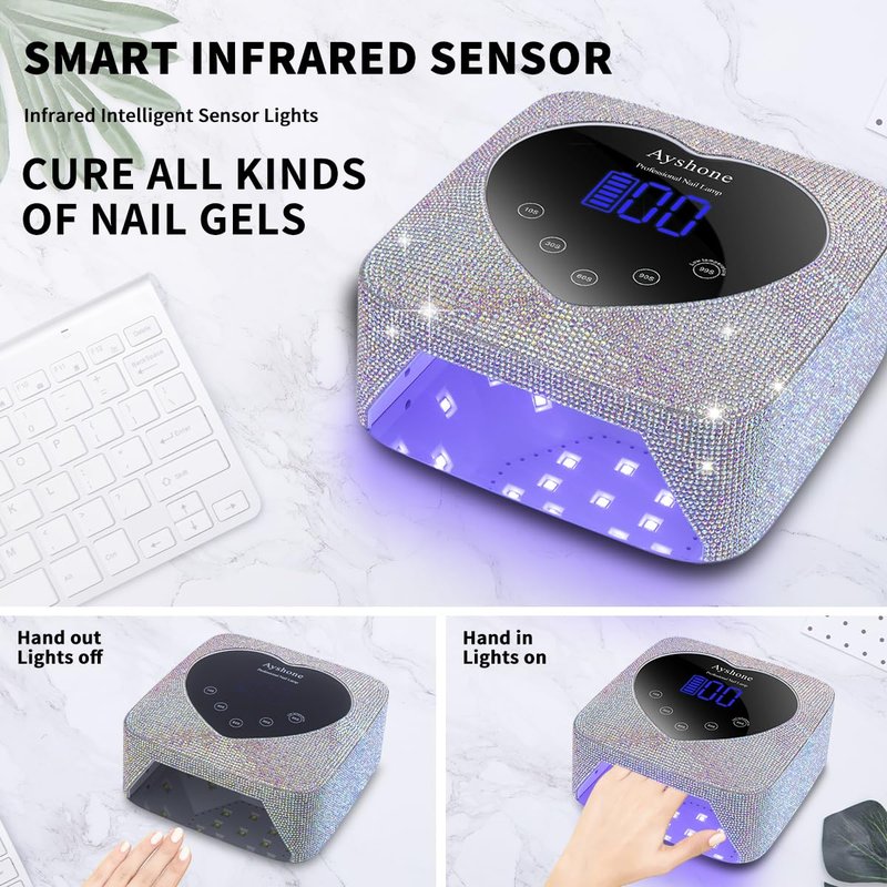 Ayshone Cordless UV LED Nail Lamp,72W Rechargeable Nail Dryer Gel Polish Light with Large LCD Display,Rechargeable Nail Curing Lamp for Salon & Home (AB Diamond)