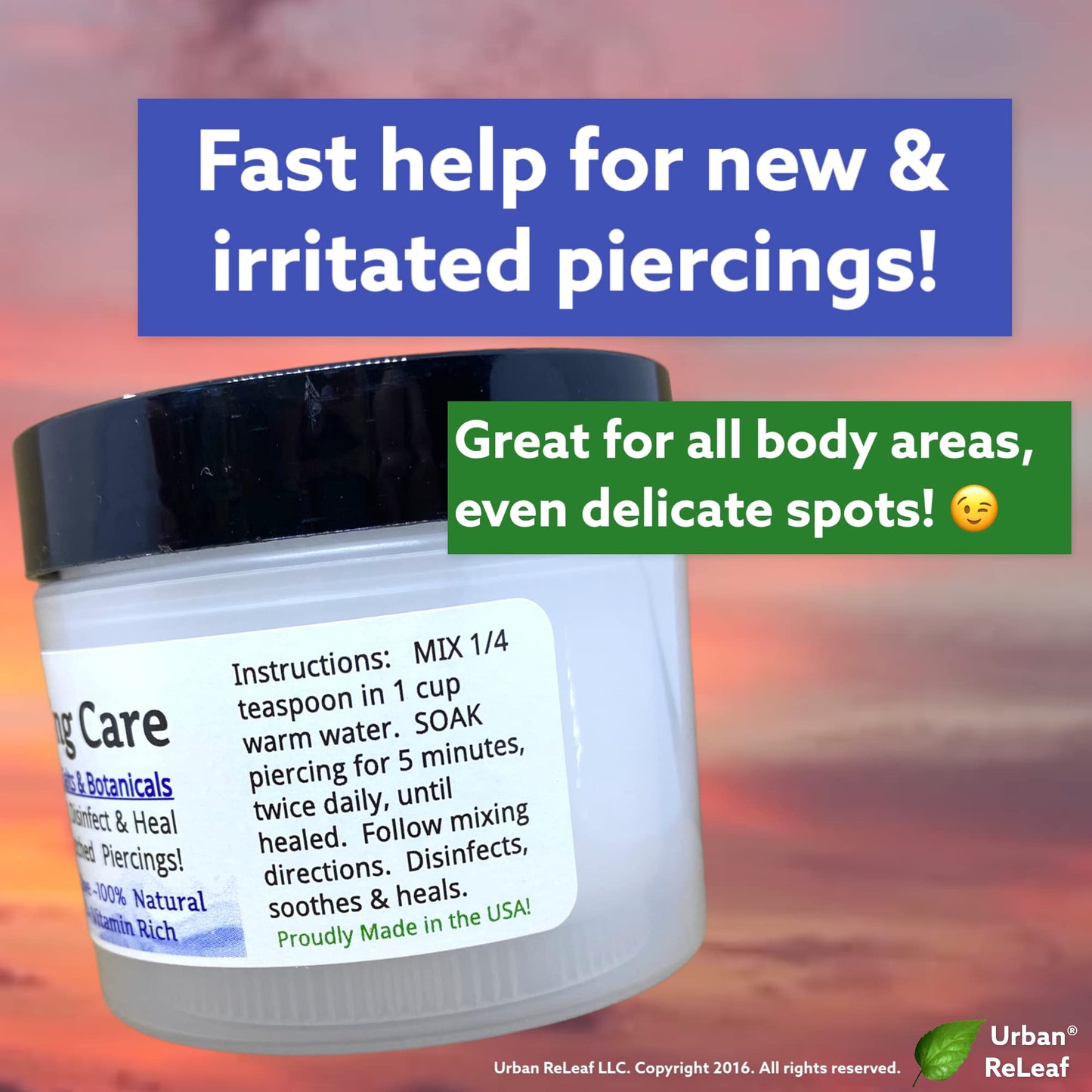 Urban ReLeaf Piercing Care Set of 2 ! Healing Sea Salts, Botanical AFTERCARE ! Safely Clean, Heal New Stretched Piercings. Gentle Effective Non-iodized. Vitamin Rich. Dead Sea Salt & Botanicals