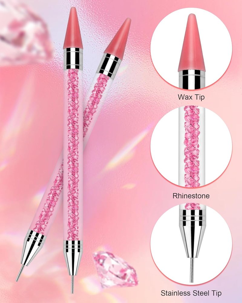 Rhinestone Picker Tool - Dual-Ended Applicator with 4 Replaceable Wax Tips & Tweezers | Pink Nail Art Accessory