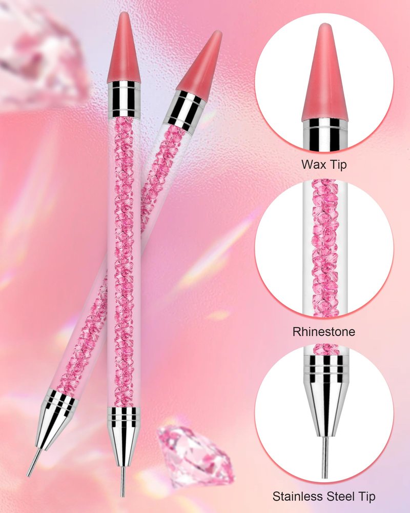 Rolybag Rhinestone Picker Tool, 2PCS Rhinestone Applicator Tool Dotting Wax Pen Dual-Ended with 4PCS Replaceable Wax Tips for DIY Nail Art Tool (Pink)