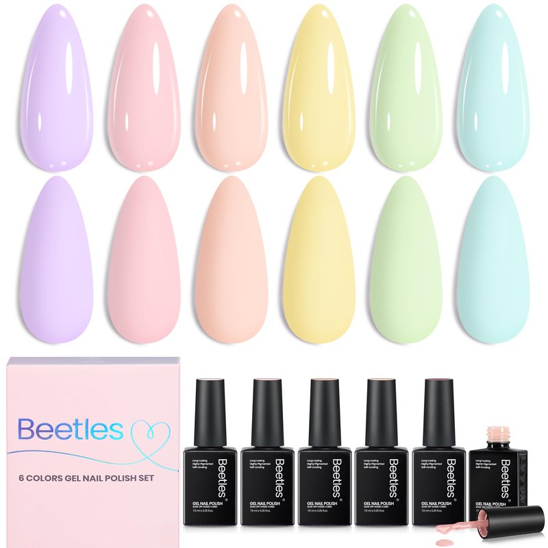Beetles Pastel Gel Polish Set - Afternoon Desserts Collection, 6 Colors Pastel Bright Gel Polish Purple Yellow Blue Pink Summer Trendy Colors Uv LED Lamp Salon DIY at Home Nails Gifts for Women