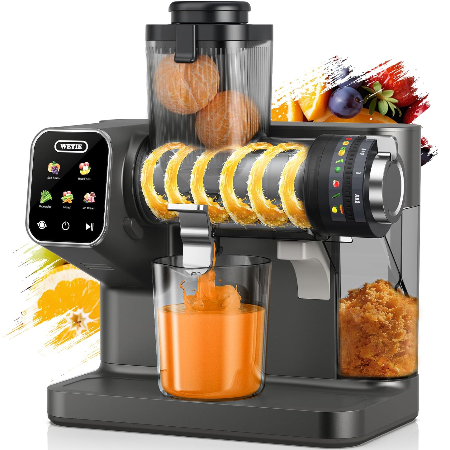 WETIE Cold Press Juicer, Slow Masticating Juicers Machines with Touch Screen, Adjustable Juicing Pressure, 99% Juice Yield, 3.54'' Wide Chute Juicer Extractor, Easy to Clean with Brush & Recipes