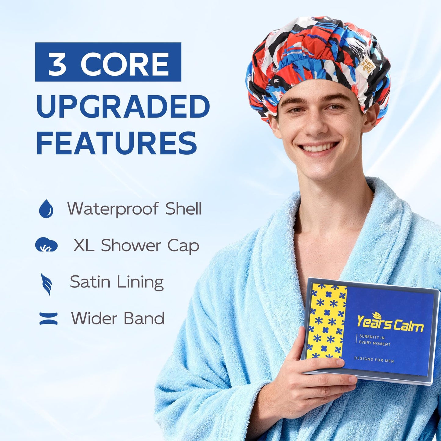 Years calm Shower Cap for Men, Waterproof Reusable Hair Cap with Dual-Layer Design, Reversible Double-Sided Use, Stretchable Elastic Band, Comfortable Fit for Shower, Gym, Hair Care & Travel