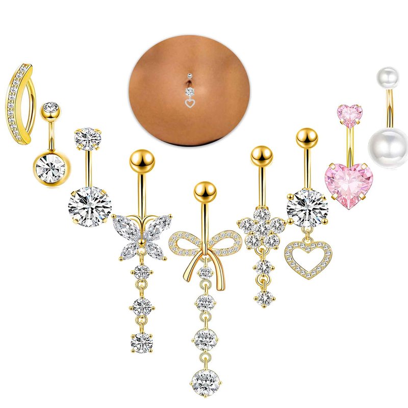 14G Gold Hoop Belly Button Ring For Women Surgical Stainless Steel Dangle Belly Rings Clicker CZ Belly Button Piercing Pack Butterly Heart Cute Flower Bow Dainty Navel Piercing Jewelry(gold)