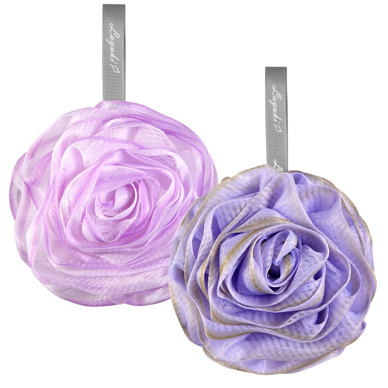 LAYUKI Bath Loofah, Shower Loofah, Body Loofah, Bath Sponge, Shower Sponge, Body Sponge, Bath Scrubber, Shower Scrubber, Body Scrubber, Rose-Shaped, Elegant (Set of 2 Pieces,Purple and Grey)