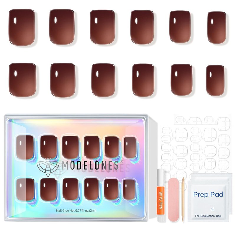 Modelones Brown Press-On Nails - Short Square Fake Nails, Reusable Kit with Glue & Mini File | 32 Pcs, 16 Sizes