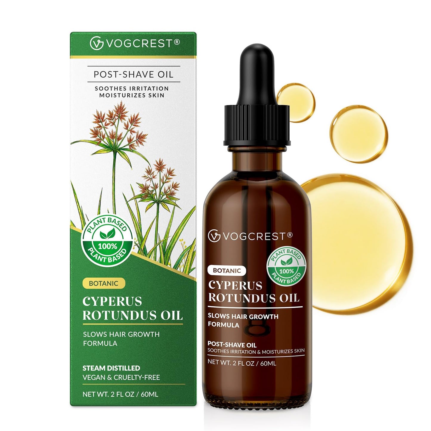VG VOGCREST Cyperus Rotundus Oil - Natural After Shave Oil for Face & Body | Hair Growth Inhibitor (Green, 2 FL OZ)