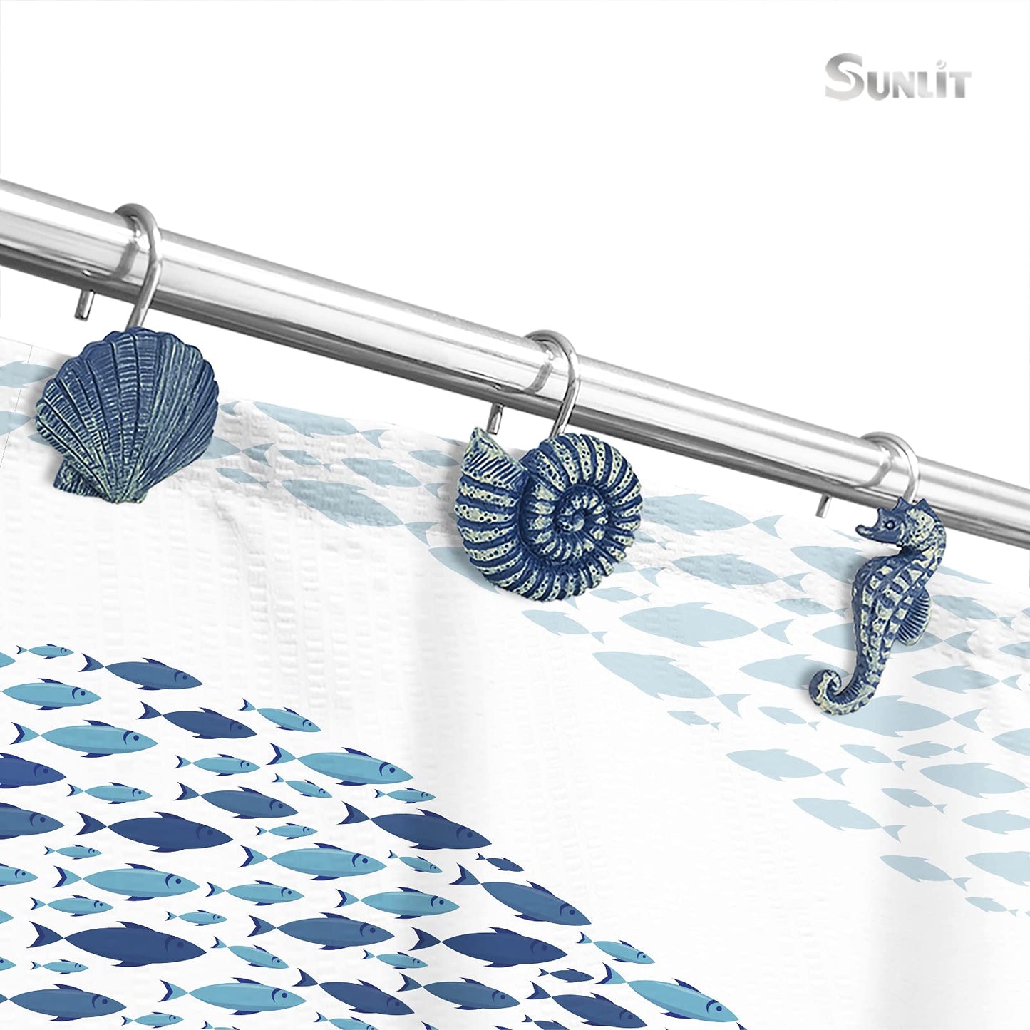 Sunlit Seashells Decorative Shower Curtain Hooks, Blue Ocean Creatures Coastal Shower Curtain Rings, Resin, Nautical Bathroom Decoration Beach Shower Curtain Hooks-12 Pack