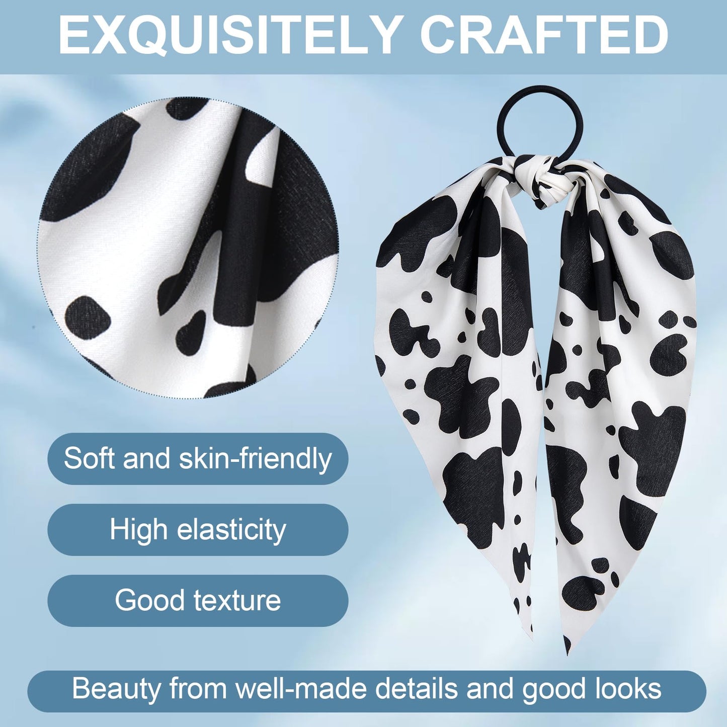 SmallCat 2pcs Cow Print Hair Bands for Women, Non-Slip Rabbit Bunny Ear Bow Hair Tie Ropes Scrunchies, Elastic Bowknot Ponytail Holder Hair Bandana Accessories for Curly Straight Thin Thick Fine Hair