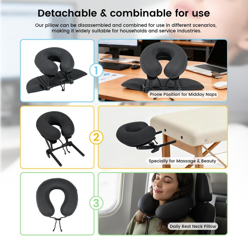 CROWNZONEE Intelligent Support Memory Foam Pillow，Adjustable Massage Pillow – Multi-Use Ergonomic Neck Pillow for Office Naps,Travel, Recliner Headrest – Portable (Black Pillow+Black Plastic Stand)