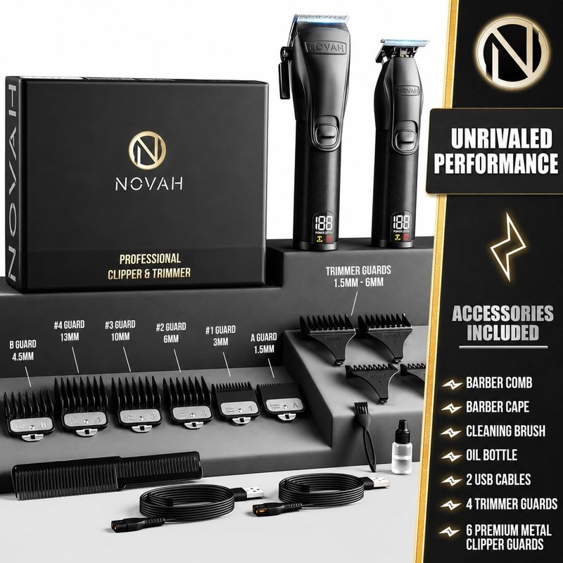 Novah® Professional Hair Clippers - Cordless Barber Clipper & Trimmer Set for Men's Haircuts | Fade Kit