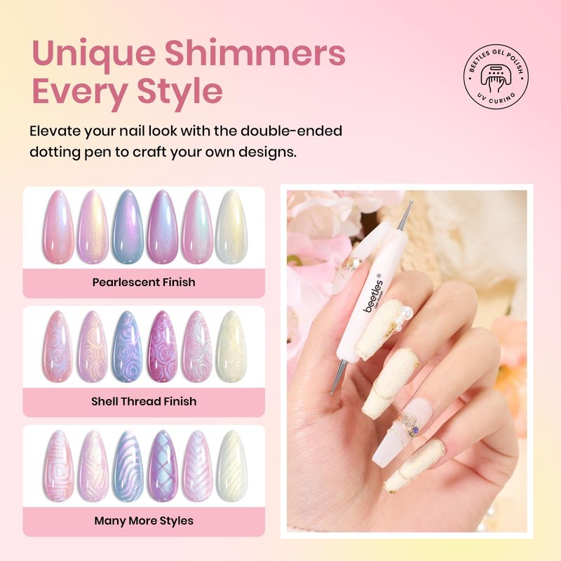 Beetles Pearl Gel Nail Polish Set – 6 Colors Swirl Pink Blue Purple White Nail Gel Collection, Swirl Shell Thread Effect Gel Polish Long Lasting Glossy Finish Soak Off UV LED for Nail Art