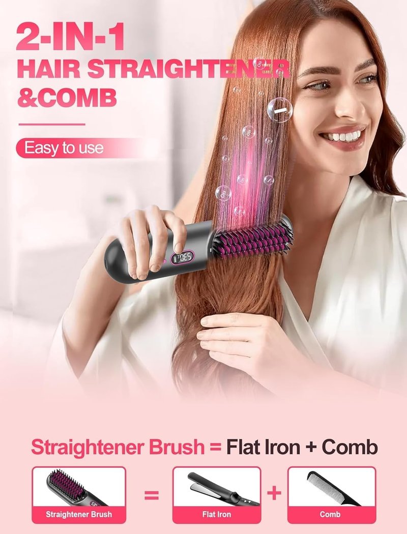 Cordless Hair Straightener Brush - Go Brush Pro for Short Hair | Travel-Friendly, 30s Fast Heat, 12 Temp Settings, Grey