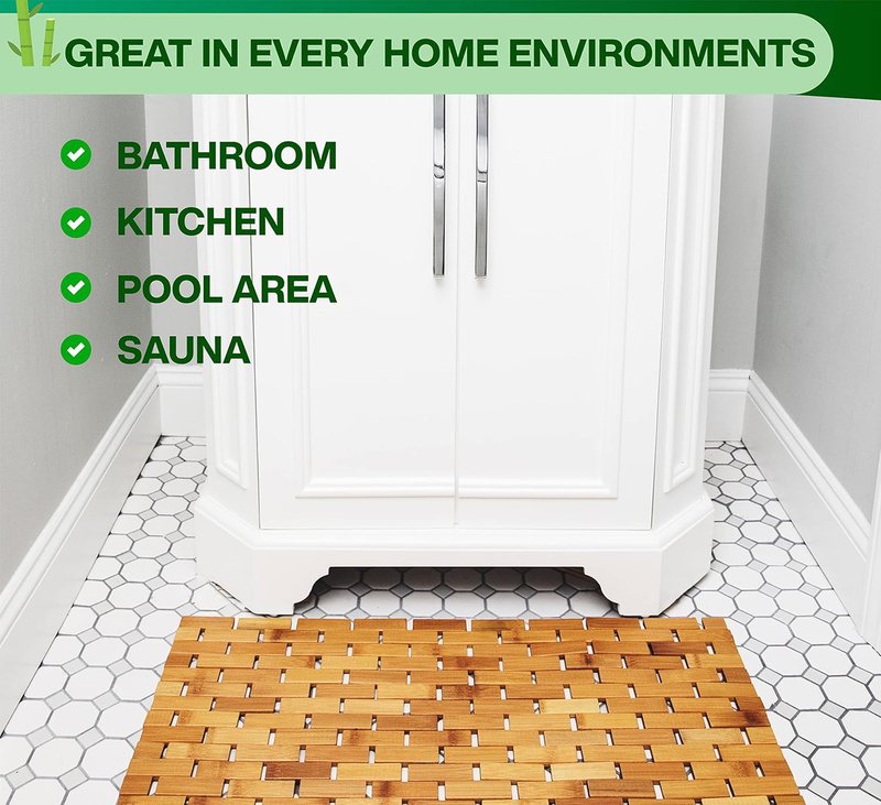 Bamboo Bath Mat - Foldable, 34x18-Inch Wood Bathmat for Bathroom Sauna Spa Door Kitchen Floor and Countertops - Modern Farmhouse Decor Accessory