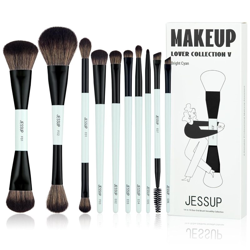 Jessup Makeup Brushes Set - 10-Piece Double-Sided Foundation, Contour & Blending Tools | Bright Cyan, Cruelty-Free