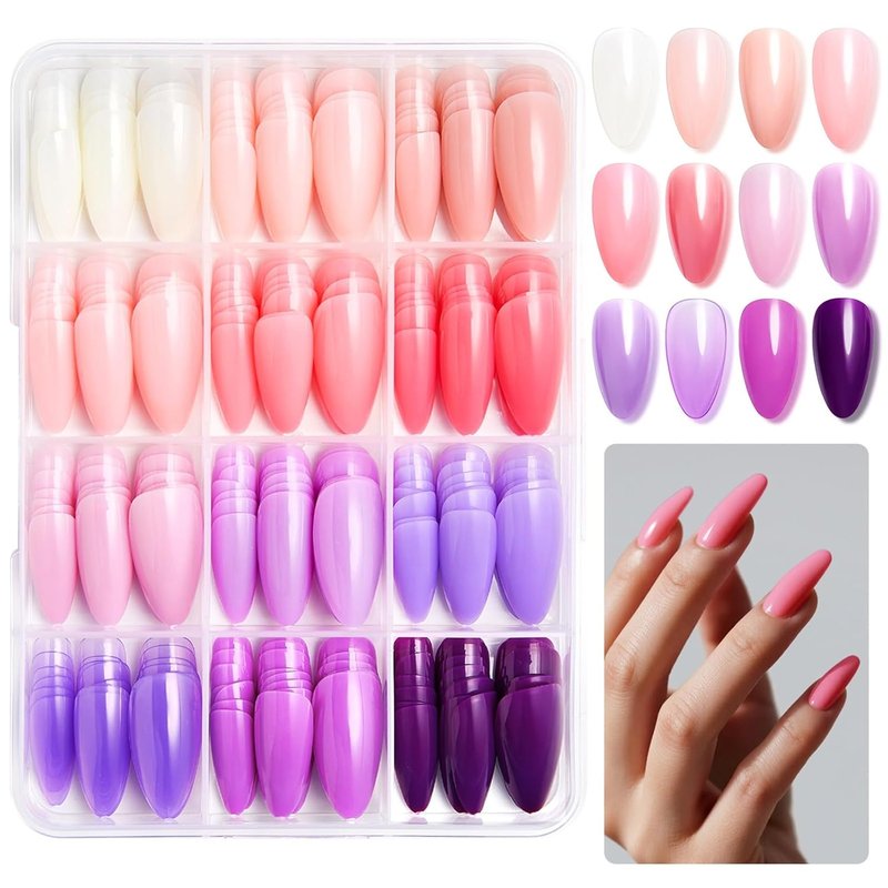 Skiennix 12 Color Press-On Nails Set - Medium Almond Glossy Full Cover Artificial Acrylic Nails | Reusable 288 Pcs