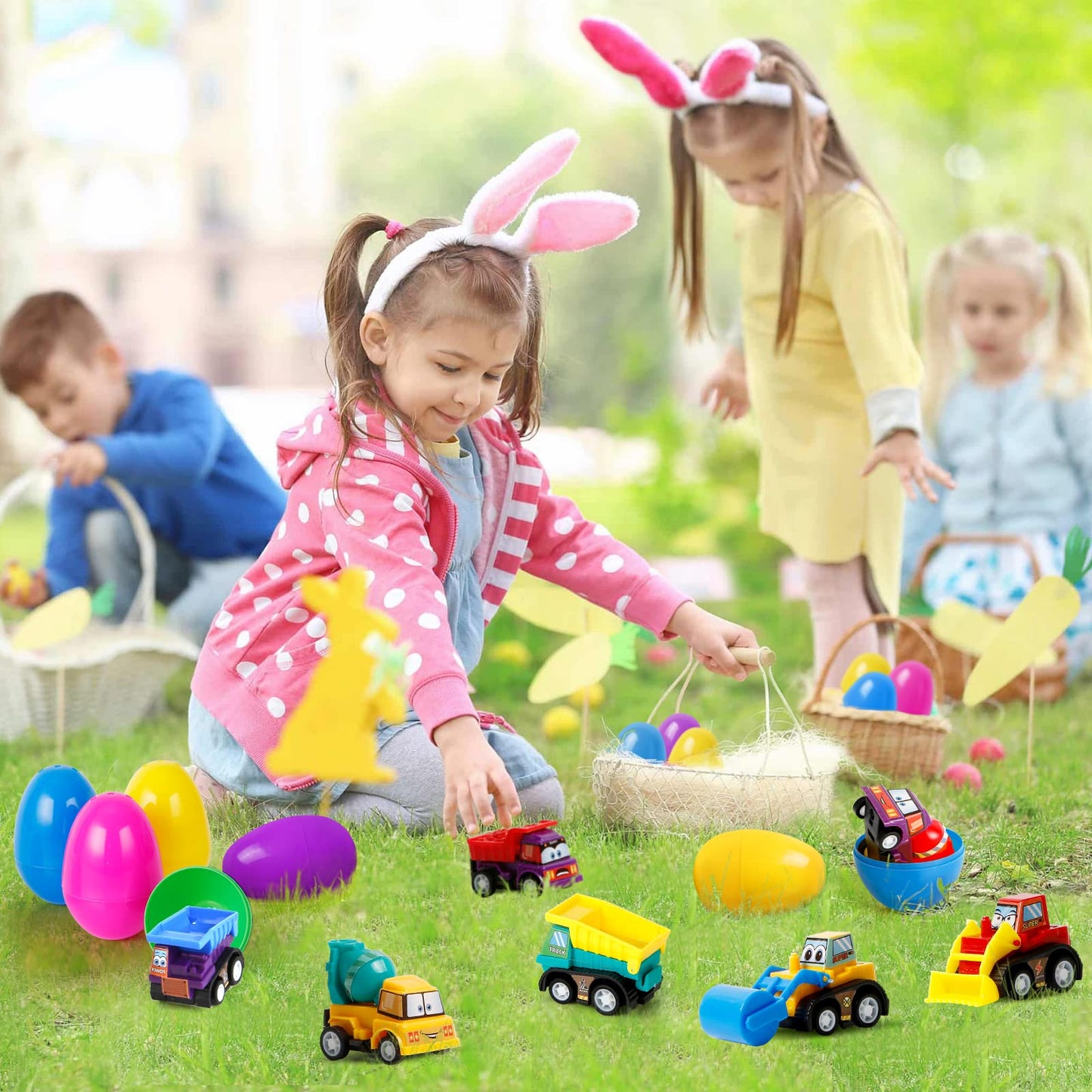ZenBombs Easter Eggs Plastic Filled with Pull-Back Engineering Toys Gift for Easter Eggs Hunt, Birthday Party for Kids Over 3 Years Old 12-Pack