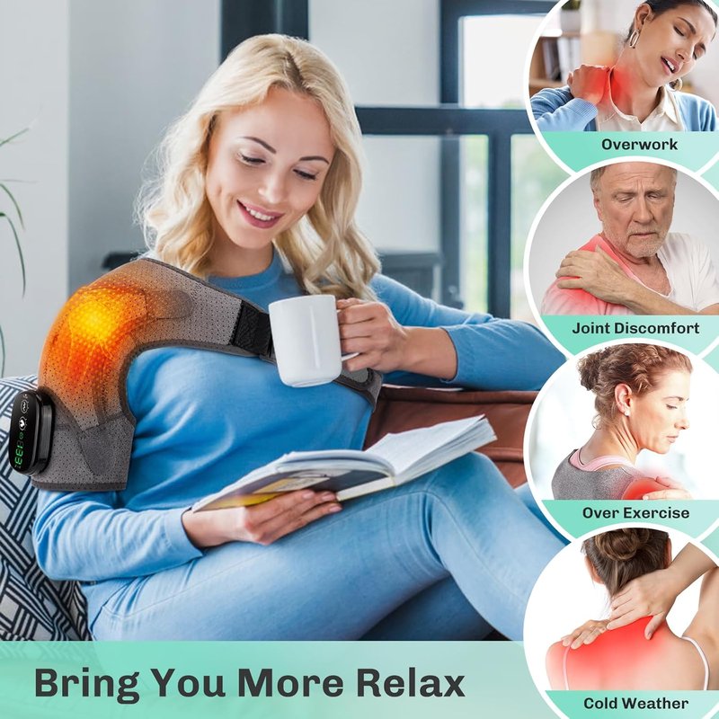 Skiennix Cordless Shoulder Heating Pad - Pain Relief Massager with 3 Heat & Massage Modes | Grey