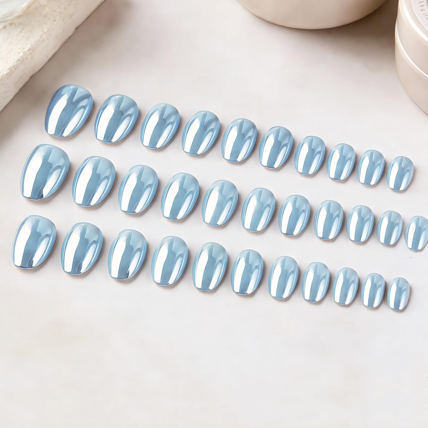 SXVME Chrome Baby Blue Press on Nails Short Oval, 32 Pcs Thick Glazed Cute Fake Nails with Sparkle Mirror Design, Shiny Glitter Glue on Nails Almond, Gel Nail Press ons with Glue for Fingernail