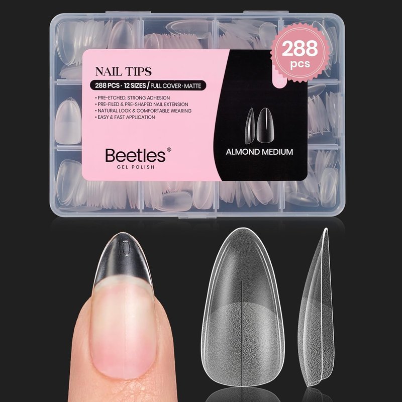 Beetles Medium Almond Gel Nail Tips - 288PCS Matte Clear False Acrylic Nails | 12 Sizes for Easy DIY Salon Use
