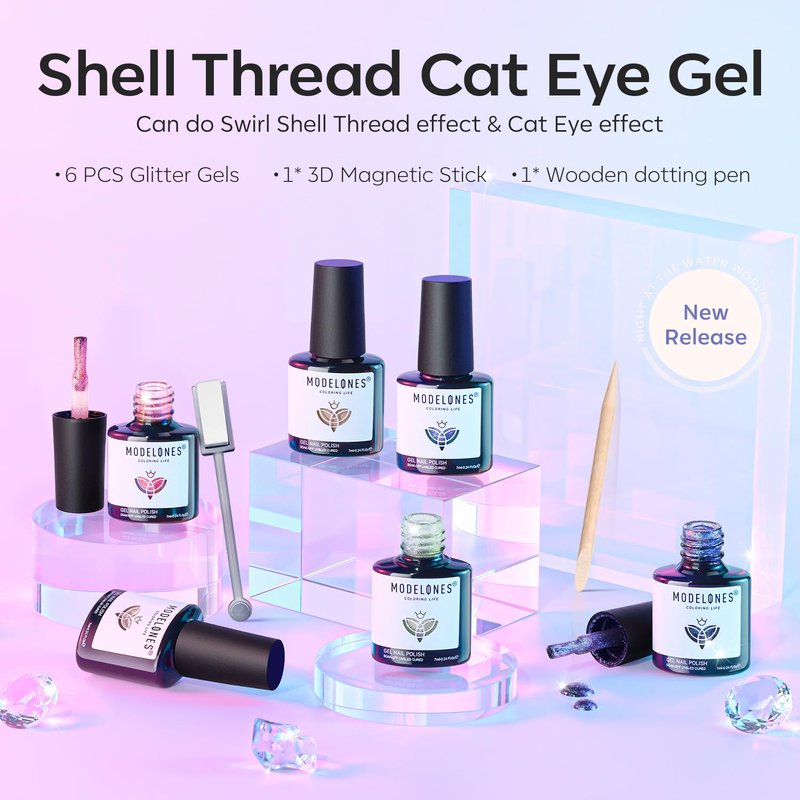 modelones Cat Eye Gel Nail Polish, 6 Colors Shimmer Pearl Magnetic Nail Drawing Set with Magnet, Iridescent Mermaid Swirl Shell Thread Purple Pink Blue Glitter, DIY Manicure Gift for Women Girl