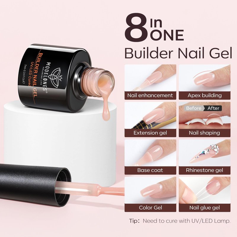 modelones Gel Polish Builder Nail Set, Base Colors Nude Hard Strengthener Rubber Gel Polish 8-in-One Extension LED Nail Lamp Cured 6 Colors