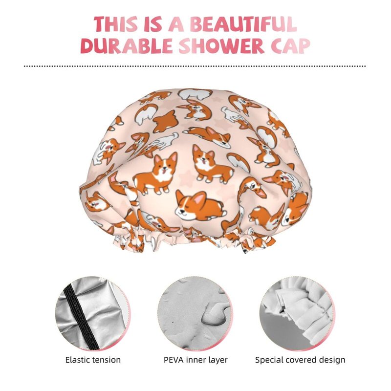 Funny Corgis Dog Reusable Shower Cap for Women Double Layer Waterproof Bathing Shower Hats Hair Protector Adjustable Elastic Band Spa Salon Bath Caps with PEVA Lining Fits all Hair Lengths