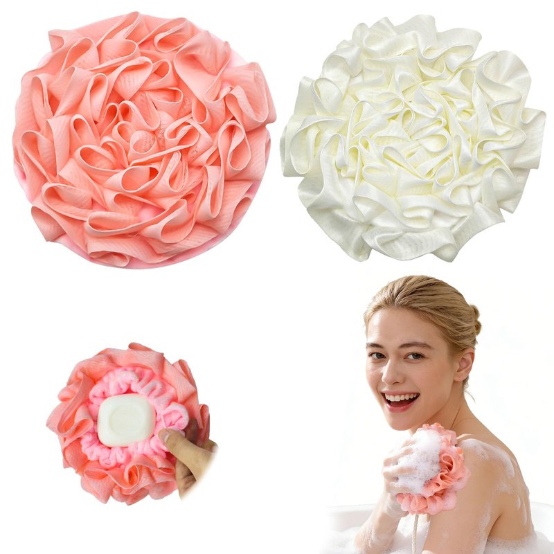 2-Pack Loofah Washcloth Combo 2-in-1, Exfoliating Soap Saver Pouch with Bar Soap Pocket, Reusable Shower Sponge for Body Wash & Smooth Skin, (Pink + White)