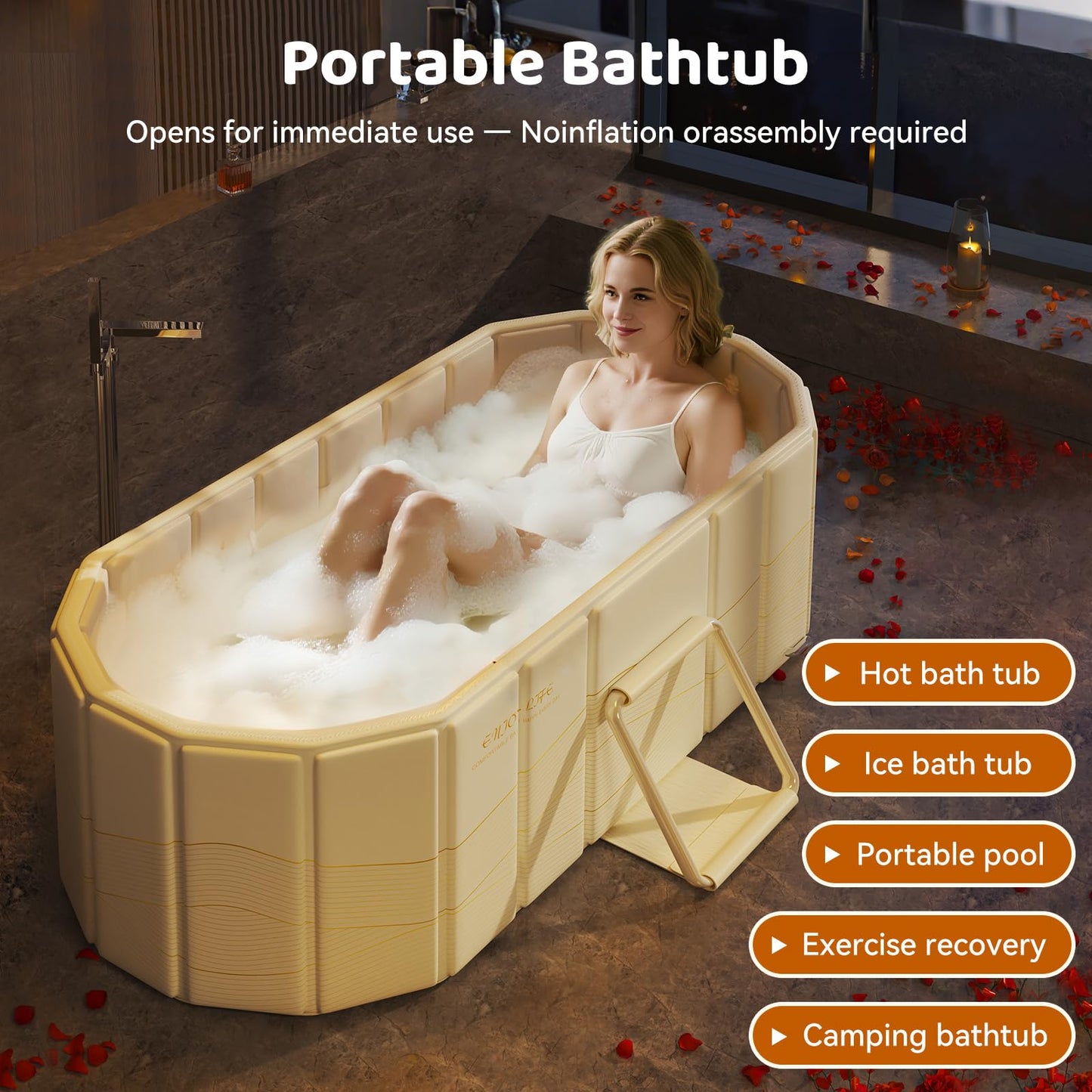 HLCZLUZ Portable Foldable Bathtub, Freestanding Bathtub No Installation, Bathroom SPA Soaking Bath Tub, Shower Stall Collapsible Hot & Ice Bath for Indoor Outdoor (Beige, ‎47.2"L x 21.6"W x 19.6"H)