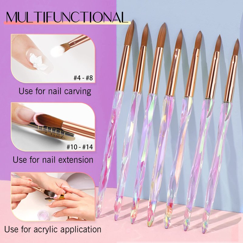 Saviland Kolinsky Acrylic Nail Brush Set: 7PCS Professional Nail Brushes for Acrylic Application DIY Nail Art Extension 3D Carving Manicure Tools Home Salon Use Size 4,6,8,10,12,14,16