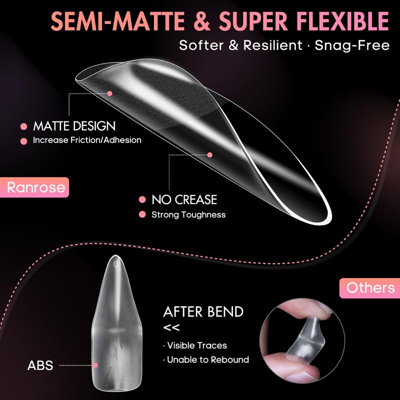 Ranrose Long Almond Nail Tips: 240pcs Nail Tips Full Cover False Nail 12 Sizes Half Matte Pre-shape Acrylic Almond Shaped Press On Nail Tips DIY Nail Salon