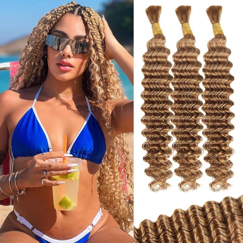 Skiennix 14-Inch Blonde Human Braiding Hair - Deep Water Wave, 100g, Brazilian Virgin Curly Extensions, Color 27 Honey Blonde