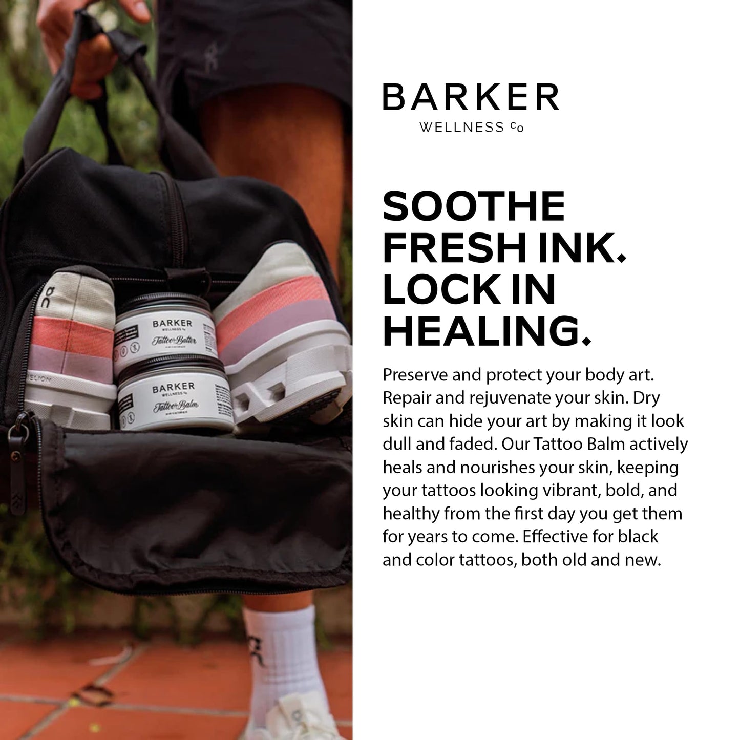 Barker Wellness Tattoo Balm - Natural Vegan Aftercare with Bisabolol, Helichrysum & Vitamin E - Brightens Old Tattoos, Protects New Ink, Soothes Healing Skin - Non-Greasy, Petroleum-Free, 4 oz
