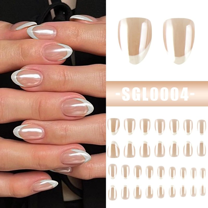 Glossy White French Tip Press-On Nails - Short Almond Shape | 32 Pcs Full Cover Chrome Stick-On for Women