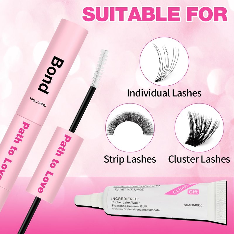 Path to Love Lash Cluster Glue Set - 150H Strong Hold Waterproof Adhesive Eyelash Glue,Bond & Seal 2x5ml+5ml + 1x0.24oz Lash Glue for DIY Cluster Lashes, Home Use, Beginners & Pros (White, 3-Pack)